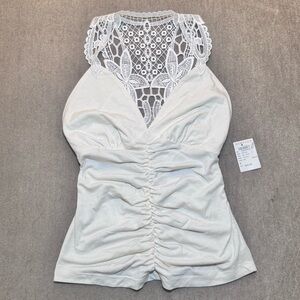 Heart Moon Star Y2K Ivory Ruched Lace Back Top
